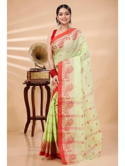 DipDiya - Green Pure Cotton Woven Handloom Saree With Unstitched Blouse