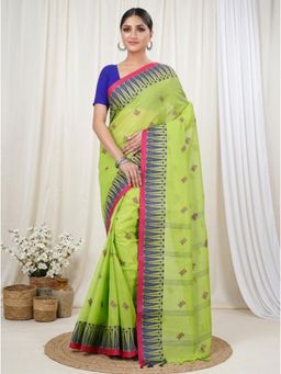 DipDiya - Olive Pure Cotton Woven Handloom Saree With Unstitched Blouse