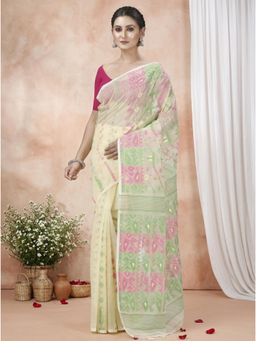 DipDiya - Off White Cotton Blend Woven Handloom Saree With Unstitched Blouse