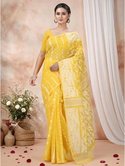 DipDiya - Yellow Cotton Blend Woven Handloom Saree With Unstitched Blouse