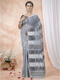 DipDiya - Grey Cotton Blend Woven Handloom Saree With Unstitched Blouse