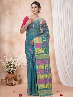 DipDiya - Green Cotton Blend Woven Handloom Saree With Unstitched Blouse