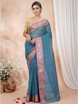 DipDiya - Green Pure Cotton Woven Handloom Saree With Unstitched Blouse