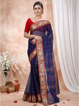 DipDiya - Blue Pure Cotton Woven Handloom Saree With Unstitched Blouse