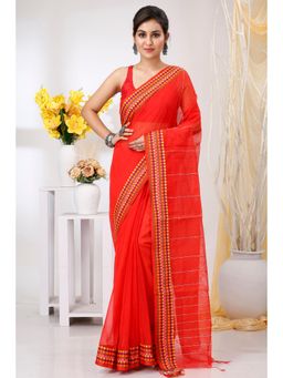 DipDiya - Red Carbon Woven Handloom Saree With Unstitched Blouse