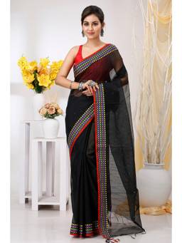 DipDiya - Black Carbon Woven Handloom Saree With Unstitched Blouse