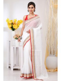 DipDiya - White Carbon Woven Handloom Saree With Unstitched Blouse