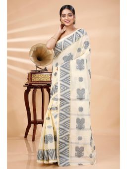 DipDiya - Off White Pure Cotton Woven Handloom Saree With Unstitched Blouse
