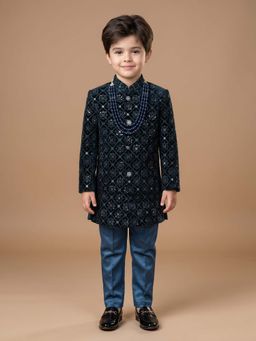 ETHNIKS NEURON - Ethniks Neu-Ron Embroidered Sherwani with Pant and Mala-Teal