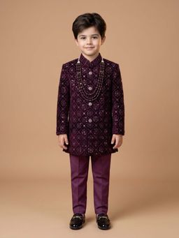 ETHNIKS NEURON - Ethniks Neu-Ron Embroidered Sherwani with Pant and Mala-Wine
