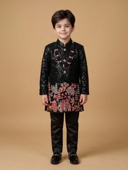 ETHNIKS NEURON - Ethniks Neu-Ron Sequins Embroidered Sherwani with Pant and Mala-Black