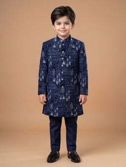 ETHNIKS NEURON - Ethniks Neu-Ron Embroidered Sherwani with Pant and Mala-Navy Blue