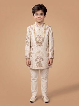 ETHNIKS NEURON - Ethniks Neu-Ron Embroidered Sherwani with Pant and Mala-Cream