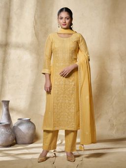 Seerat - Yellow Floral Embroidered Straight Kurta and Pant with Dupatta