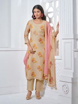 Seerat - Beige Floral Embroidered Straight Kurta with Pant with Dupatta