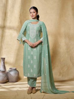 Seerat - Green Floral Thread Embroidered Straight Kurta and Pant with Dupatta