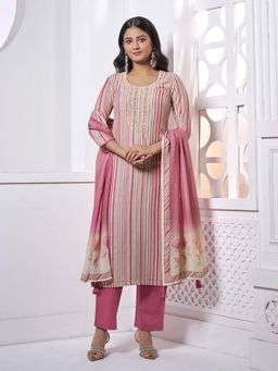 Seerat - Pink Stripes Printed Straight Kurta and Pant with Dupatta