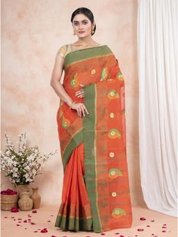 DipDiya - Orange Pure Cotton Woven Embroidered Saree With Unstitched Blouse