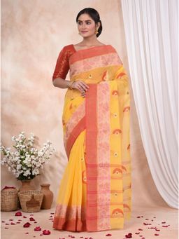 DipDiya - Yellow Pure Cotton Woven Embroidered Saree With Unstitched Blouse