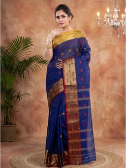DipDiya - Navy Blue Pure Cotton Woven Handloom Saree With Unstitched Blouse
