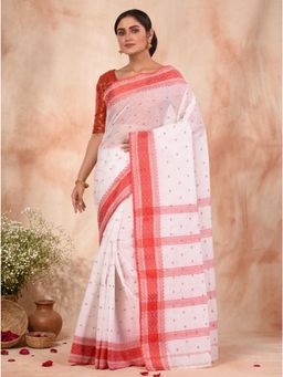 DipDiya - Red Pure Cotton Woven Handloom Saree With Unstitched Blouse