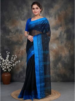 DipDiya - Navy Blue Pure Cotton Woven Handloom Saree With Unstitched Blouse
