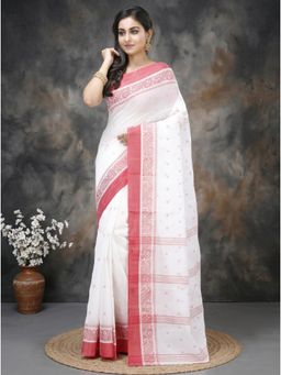 DipDiya - White Pure Cotton Woven Handloom Saree With Unstitched Blouse