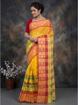 DipDiya - Yellow Pure Cotton Woven Handloom Saree With Unstitched Blouse