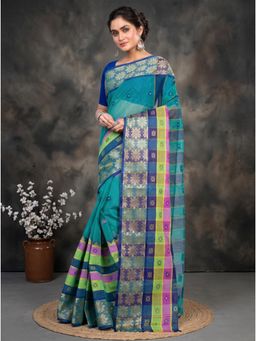 DipDiya - Turquoise Pure Cotton Woven Handloom Saree With Unstitched Blouse