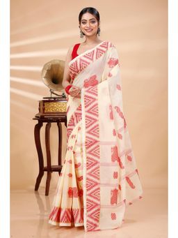 DipDiya - Red Pure Cotton Woven Handloom Saree With Unstitched Blouse