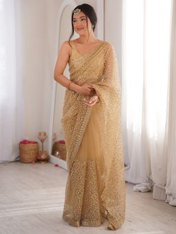 Sareemall - Women's Net Beige Embellished Designer Saree with Unstitched Blouse
