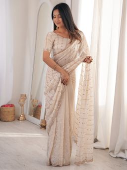 Sareemall - Women's Satin Off White Embellished Designer Saree with Unstitched Blouse