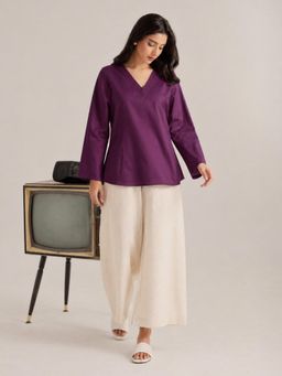 LAALZARI - Purple Cotton Blend Full Sleeves V-Neck Plain Tunic With Palazzo