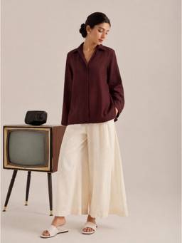LAALZARI - Brown Linen Full Sleeves Collar Neck Plain Shirt With Palazzo