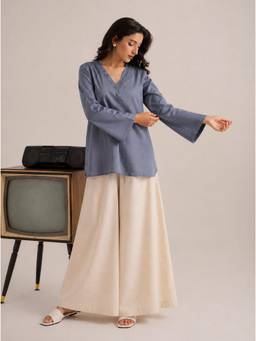 LAALZARI - Grey Cotton Blend Full Sleeves V-Neck Plain Tunic With Palazzo