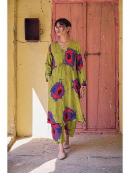 LAALZARI - Green Satin Full Sleeves V-Neck Printed Kurta With Pants