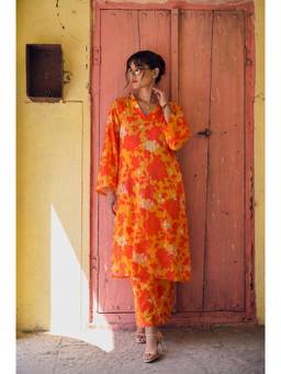 LAALZARI - Orange Satin Full Sleeves V-Neck Printed Kurta With Pants