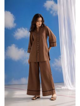 LAALZARI - Brown Linen Three Fourth Sleeves Mandarin Neck Solid Co-ord Set