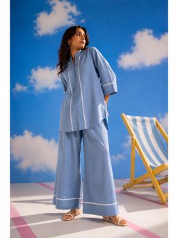 LAALZARI - Blue Linen Three Fourth Sleeves Mandarin Neck Solid Co-ord Set