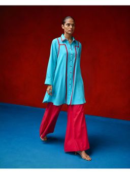 LAALZARI - Blue Full Sleeves Collar Neck Solid Kurta With Palazzo