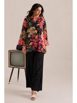 LAALZARI - Black Full Sleeves Mandarin Neck Floral Kurti With Palazzo
