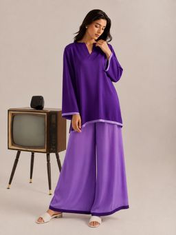 LAALZARI - Purple Full Sleeves V-Neck Solid Kurti With Palazzo