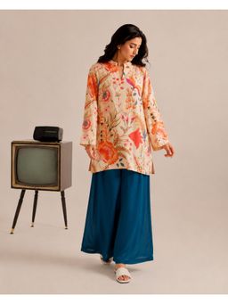 LAALZARI - Beige Full Sleeves Round Neck Floral Kurta With Palazzo