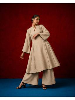 LAALZARI - Beige Full Sleeves Round Neck Solid Kurta With Palazzo