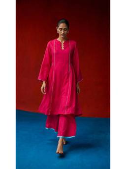 LAALZARI - Pink Full Sleeves Round Neck Solid Kurta With Palazzo