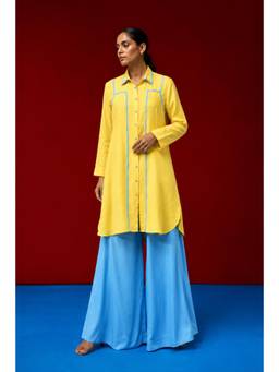 LAALZARI - Yellow Cotton Blend Full Sleeves Collar Neck Solid Kurta With Palazzo