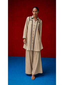 LAALZARI - Beige Cotton Blend Full Sleeves Collar Neck Solid Kurta With Palazzo
