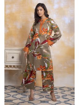 etre comfortwear - Olive Cotton Blend Full Sleeves Round Neck Floral Co-ord Set