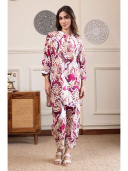etre comfortwear - Pink Cotton Lurex Three Fourth Sleeves Round Neck Printed Co-ord Set