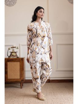 etre comfortwear - White Cotton Lurex Three Fourth Sleeves Round Neck Printed Co-ord Set